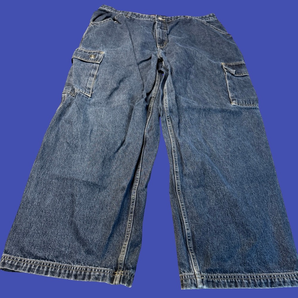 Faded Glory Jeans 40x30 Blue Denim Cargo Baggy Wide Leg Utility Pockets Workwear